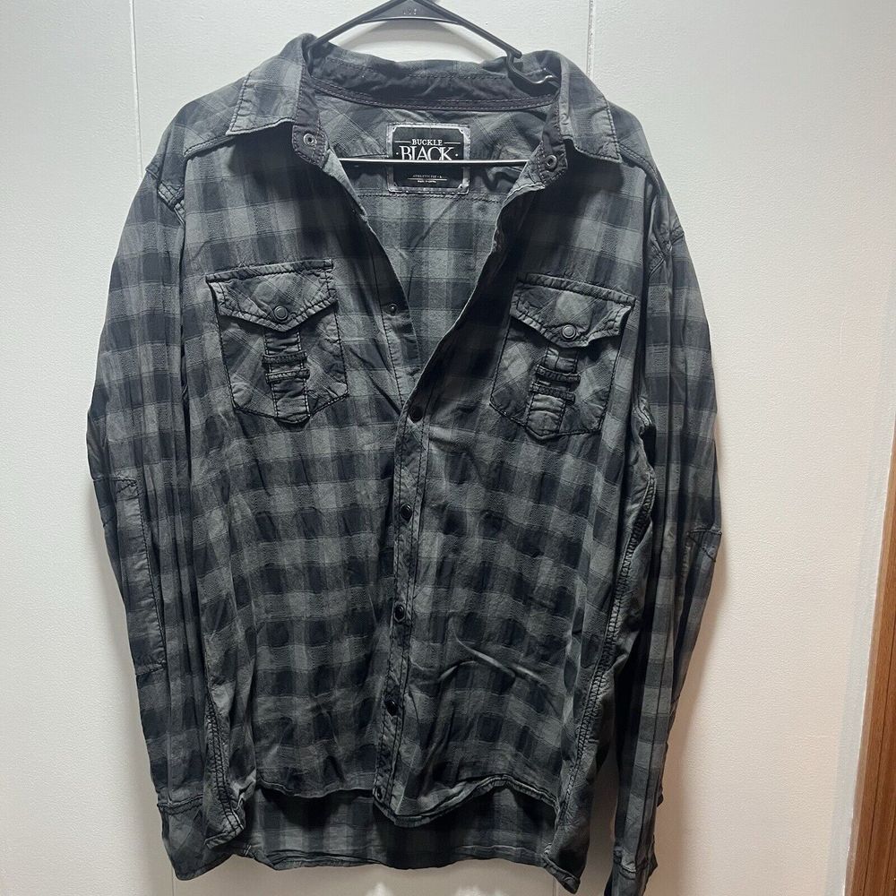 Mens Buckle Black Plaid Athletic Fit Shirt Snap Closure Size Large - Picture 1 of 7